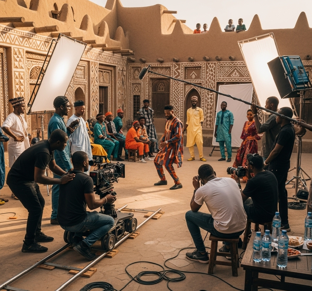 Kano city skyline with film and music vibes