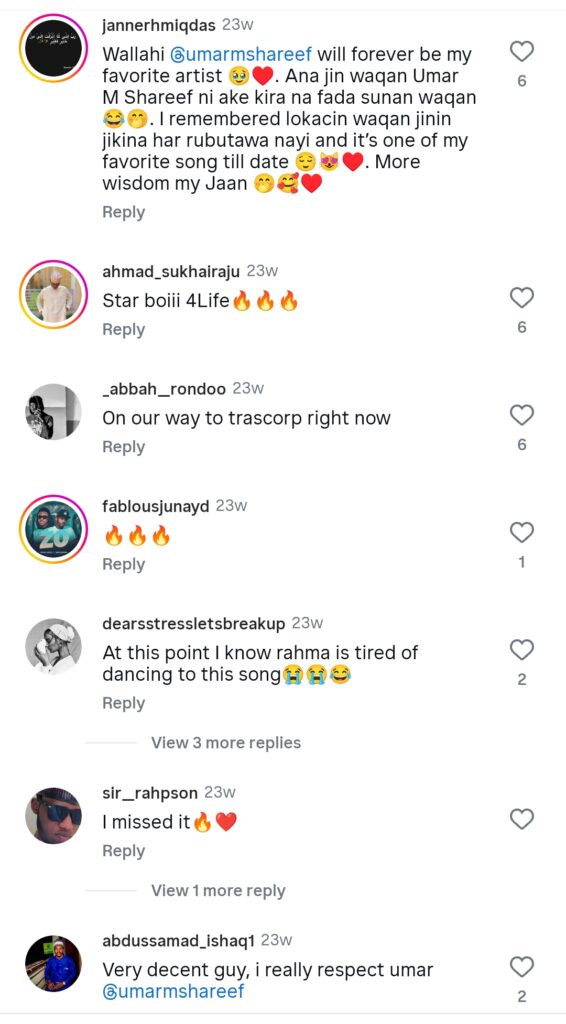 Fans React to Umar M Shareef's Surprise Show in Kano Screenshot of fans reaction on Instagram