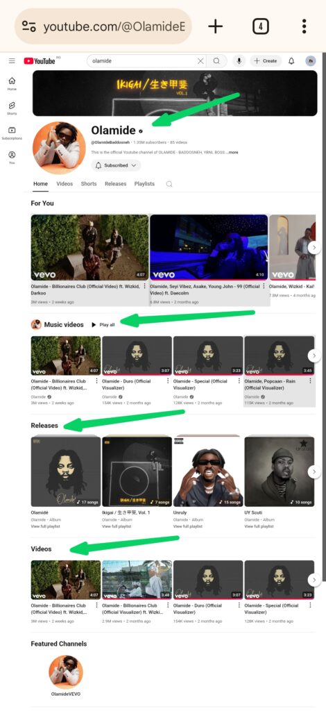 Screenshot of Official YouTube music channel of a Nigerian Artist/Rapper Olamide