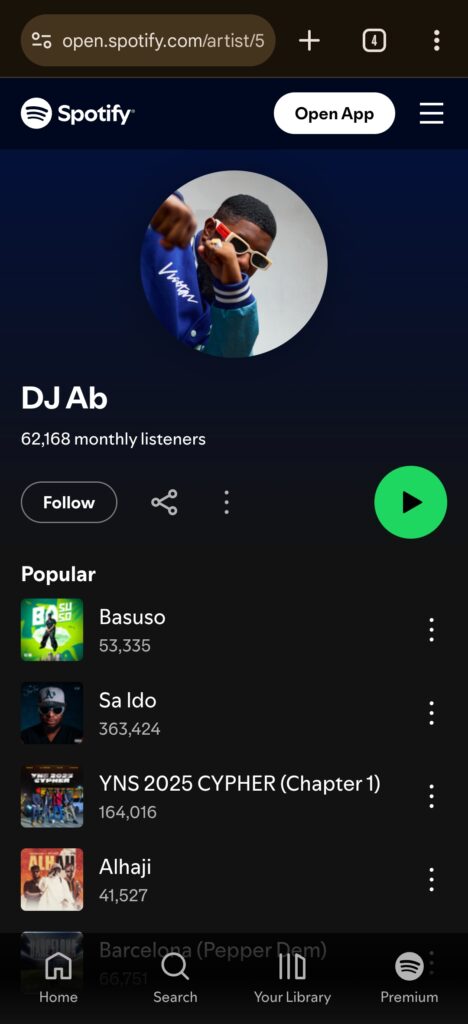 Screenshot of DJ Ab's Spotify profile with his uploaded songs