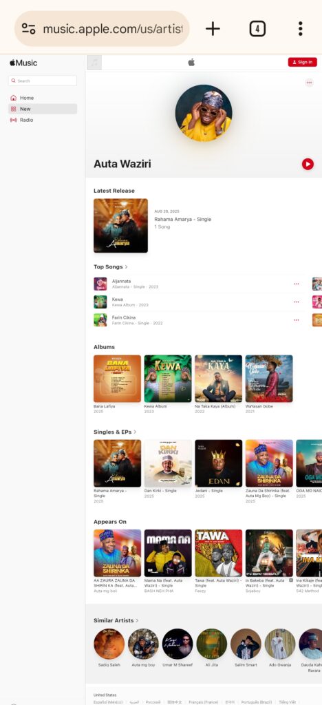 How to Distribute Your Music on Apple Music as an Arewa Artist Screenshot of Hausa singer, Auta Waziri's Apple Music profile
