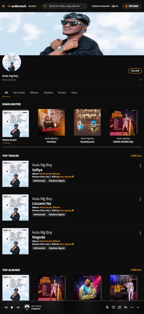 Screenshot of Official Audiomack for Hausa singer, Auta MG Boy 