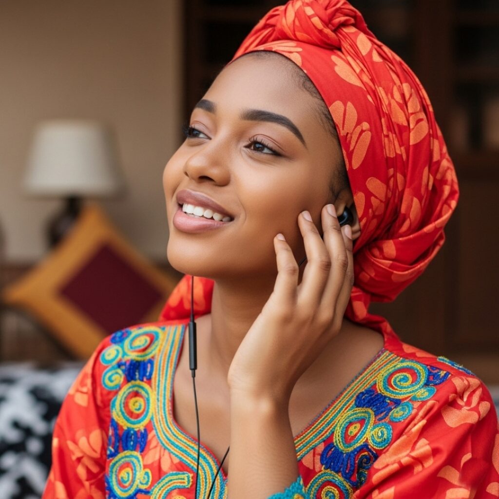 Young teenage hausa Lady listening to Hausa love song and smiling