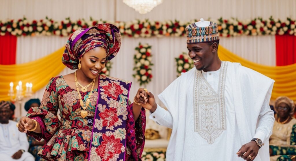 Young Hausa couple dancing at wedding