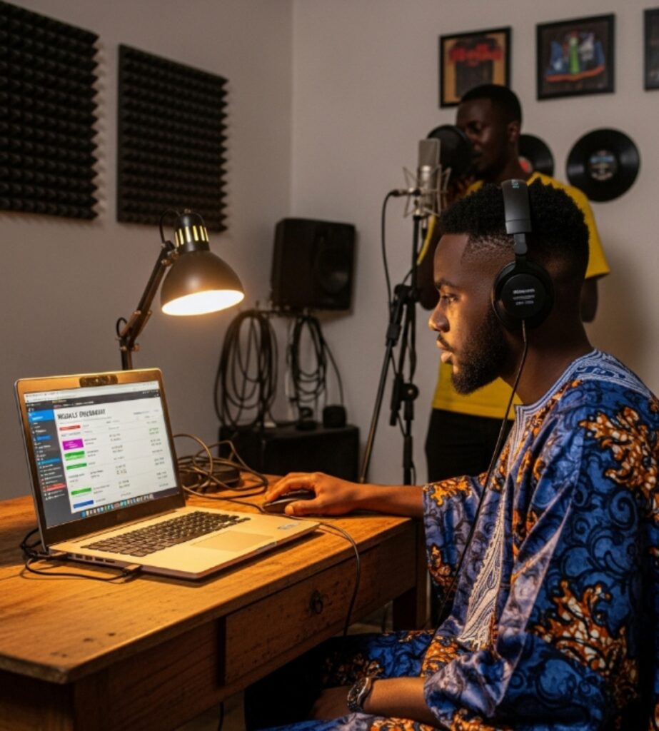 A compact home studio setup: mic, headphones, laptop, acoustic panels.