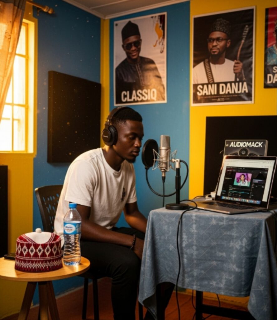 Young Arewa artist recording in a simple home studio, phone in hand, Audiomack screen open