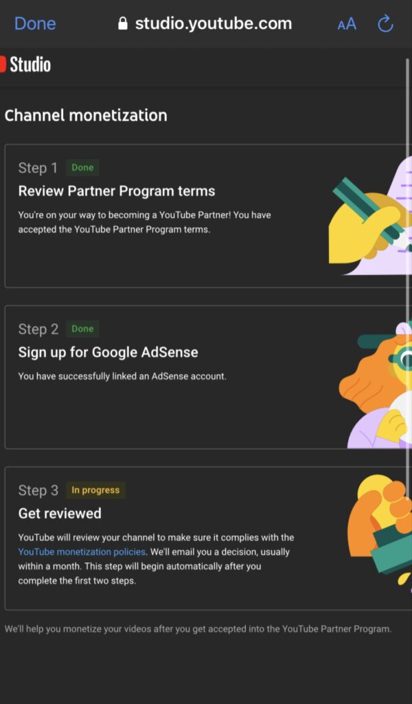 A screenshot of Youtube monetization process