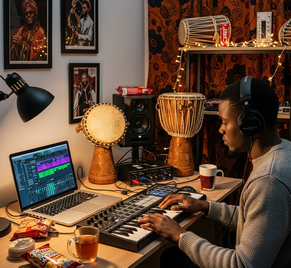 Best Free & Paid Beat-Making Software for Hausa Producers Young Hausa producer at a laptop, making beats with traditional drums sampled