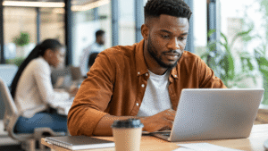 A focused job seeker in a modern workspace Top 7 Mistakes Hausa Artists Make in Music Production