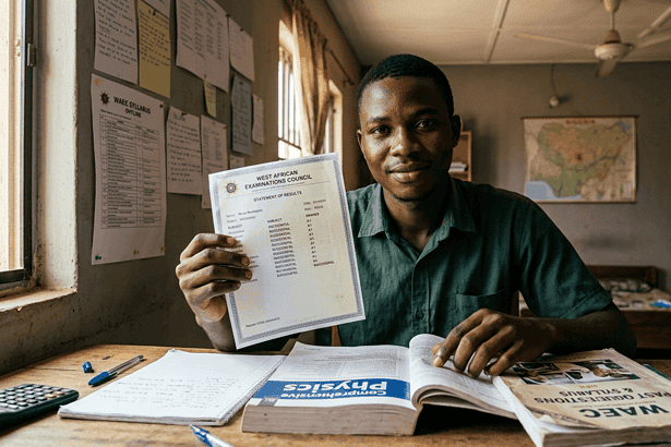 musa holding his waec result ffiejdjf higgb bjkkn nkkkbv hffhjn njhfdfb khff mhfhh